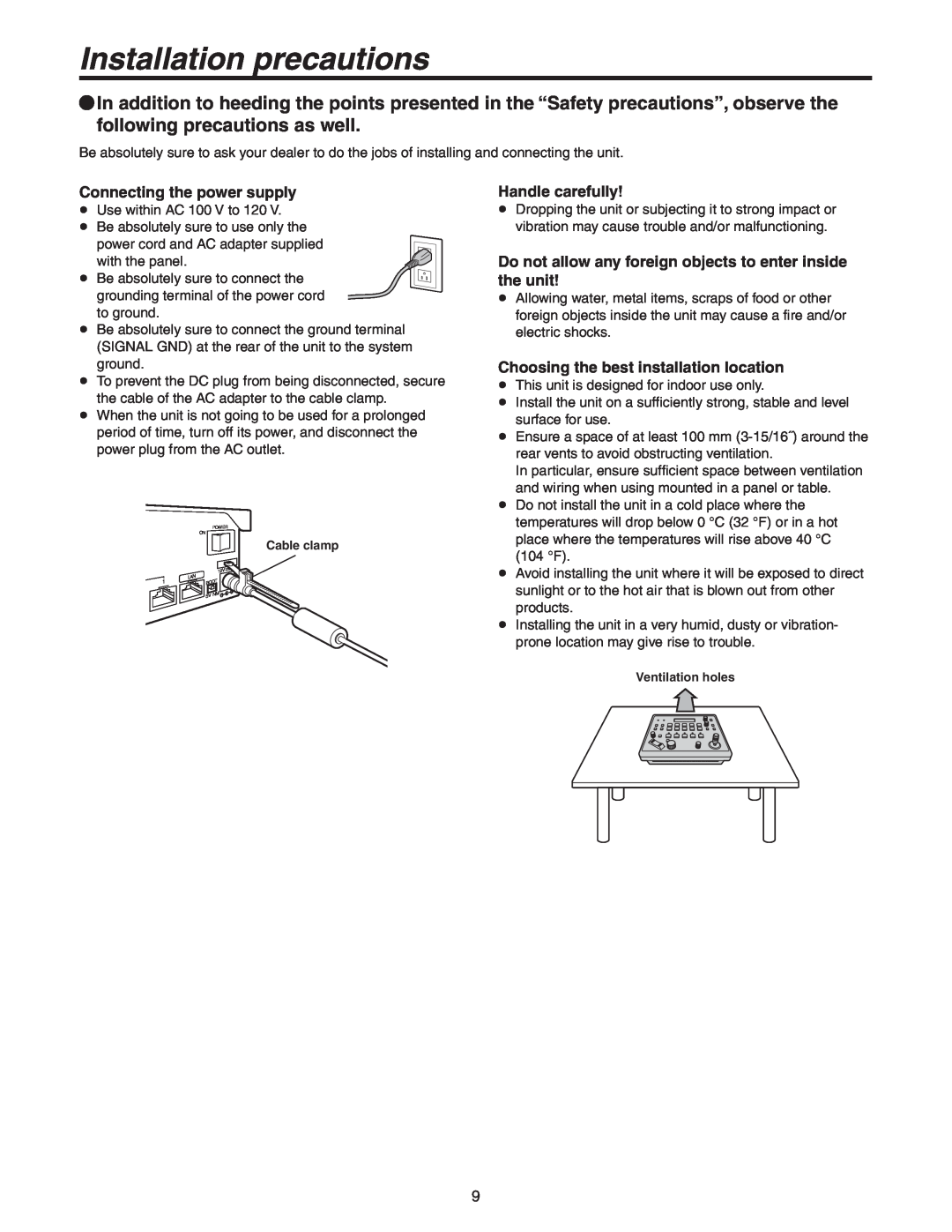 Panasonic AW-RP50N operating instructions Installation precautions, Connecting the power supply, Handle carefully 