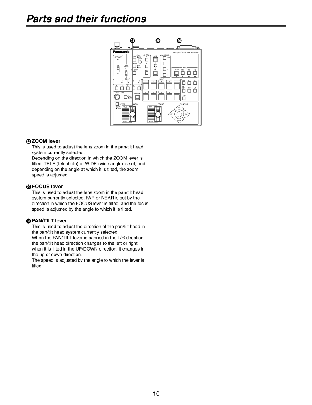 Panasonic AW-RP555N manual  Zoom lever,  Focus lever,  PAN/TILT lever 