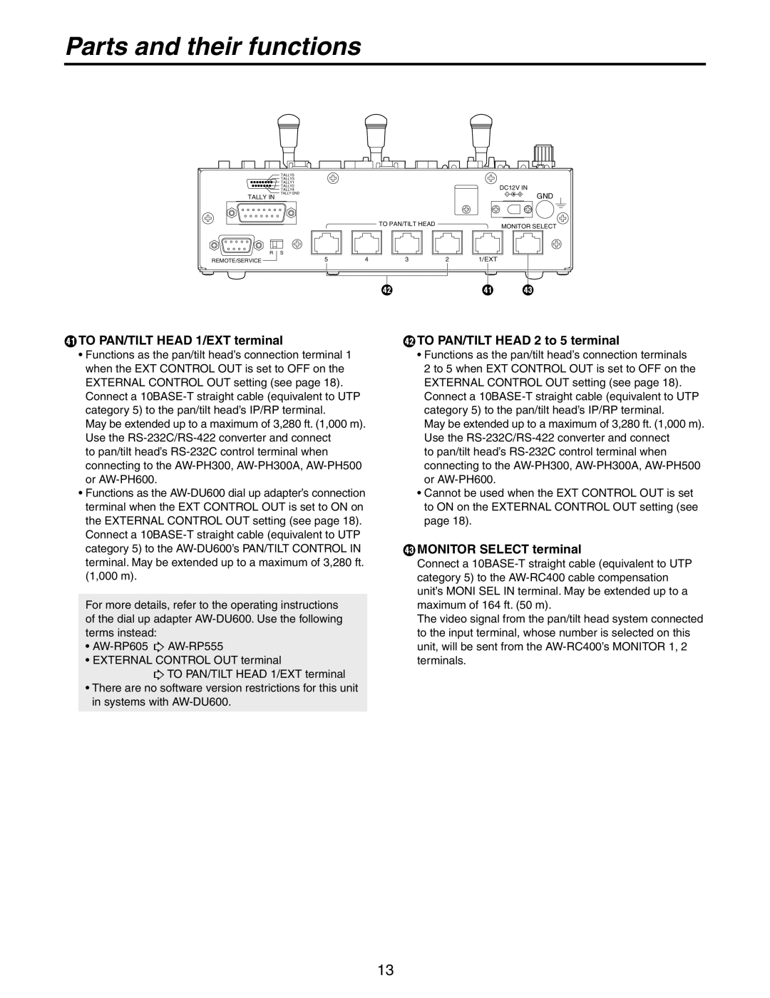 Panasonic AW-RP555N manual  to PAN/TILT Head 1/EXT terminal,  to PAN/TILT Head 2 to 5 terminal,  Monitor Select terminal 