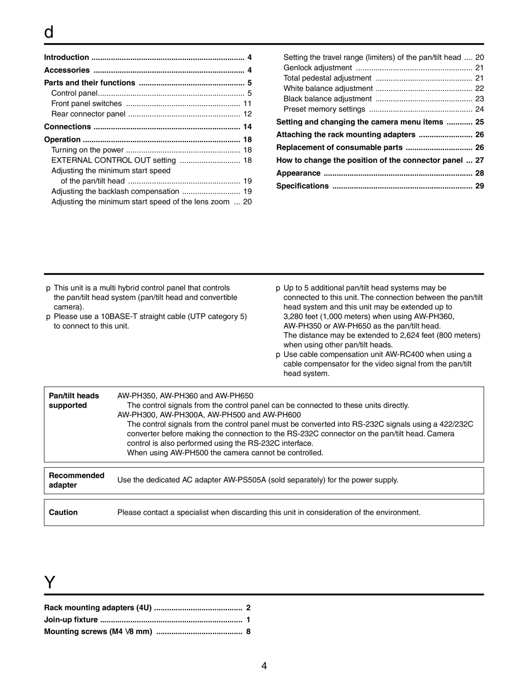 Panasonic AW-RP555N manual Contents, Introduction, Accessories 