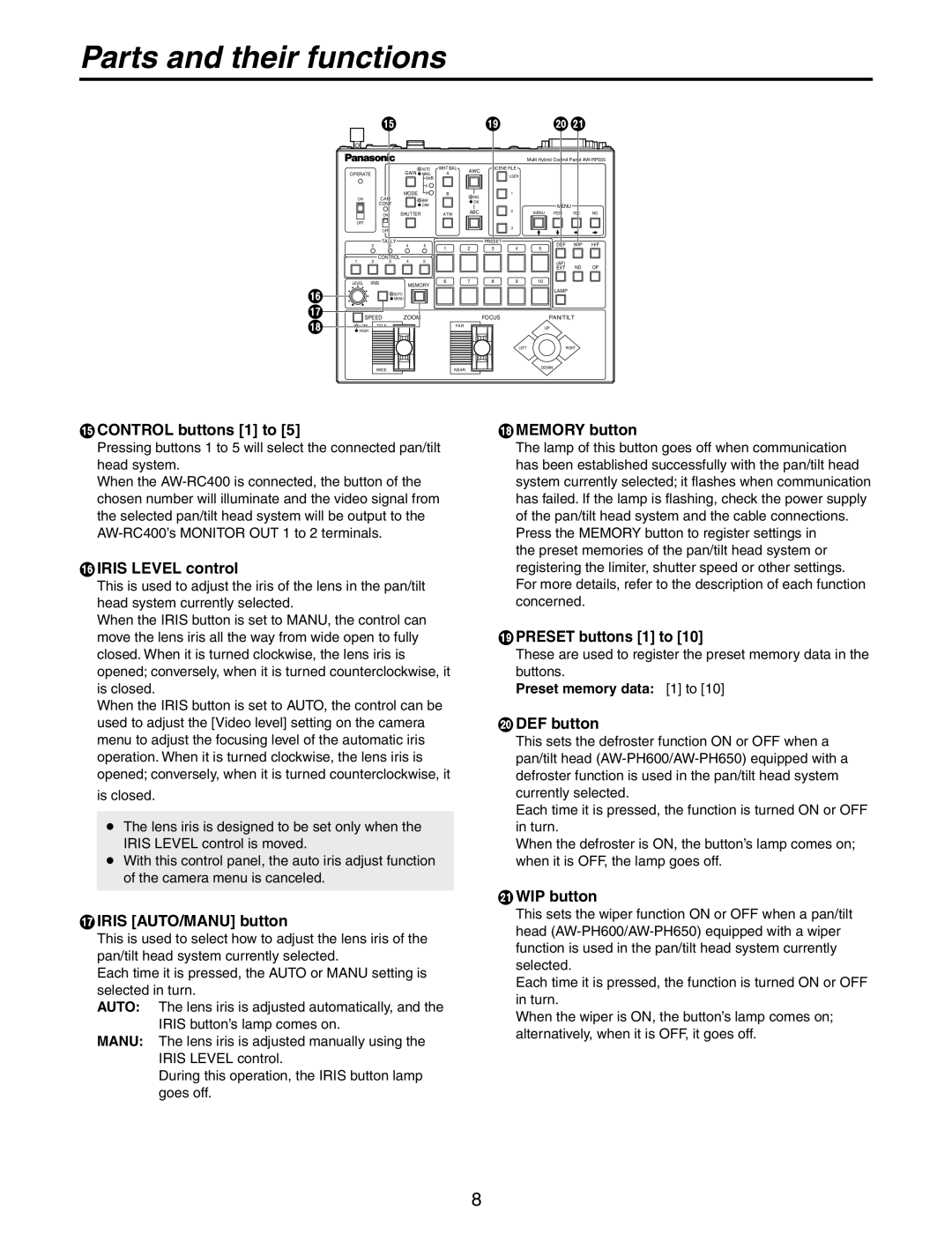 Panasonic AW-RP555N  Control buttons 1 to,  Iris Level control,  Memory button,  Preset buttons 1 to,  DEF button 