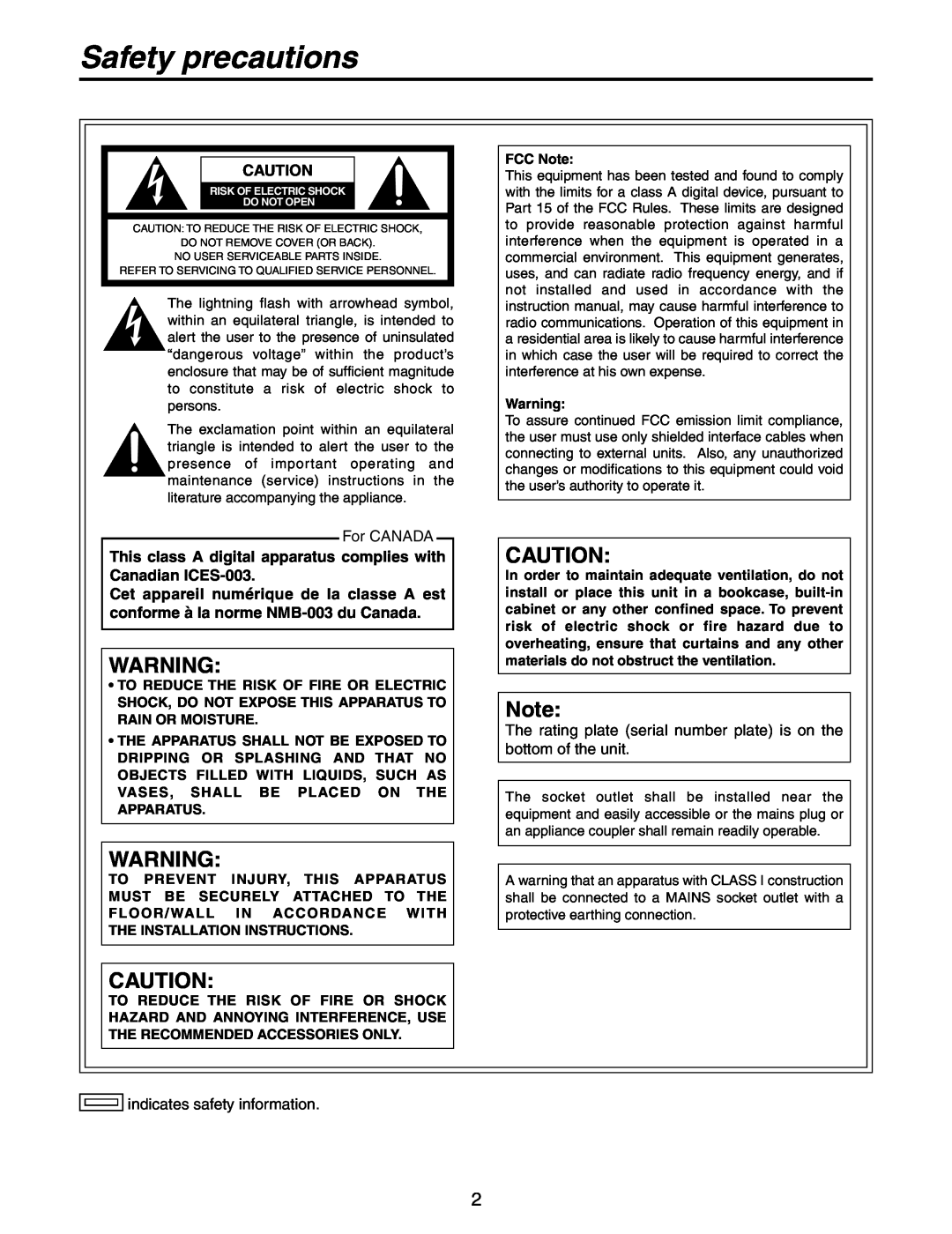Panasonic AW-RP555N manual Safety precautions, For CANADA, indicates safety information 