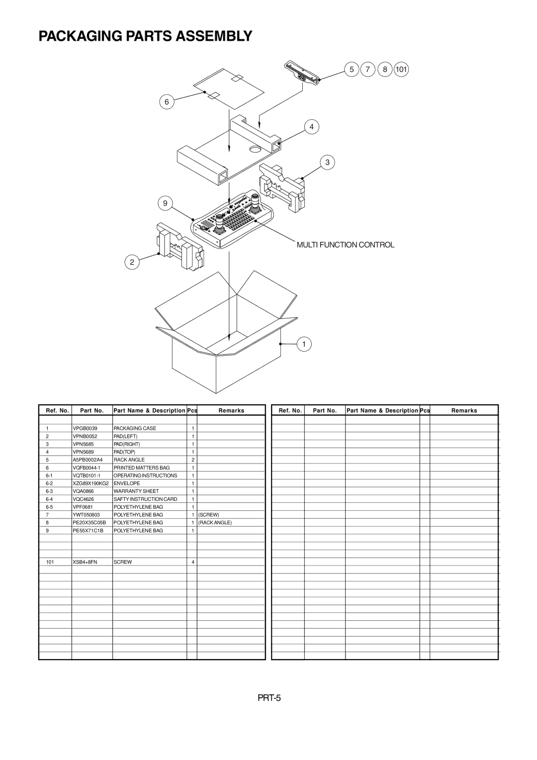 Panasonic AW-RP655N manual Packaging Parts Assembly, PRT-5 