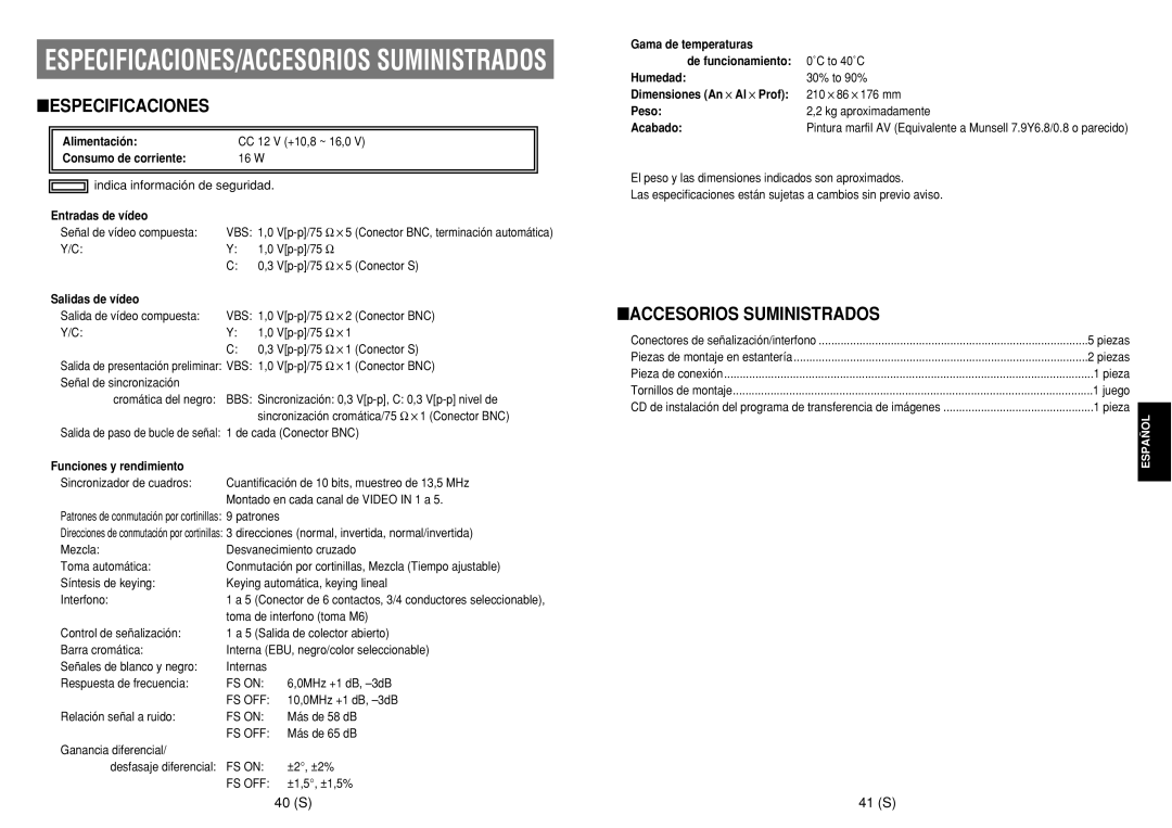 Panasonic AW-SW350E manual Accesorios Suministrados, 40 S 41 S 