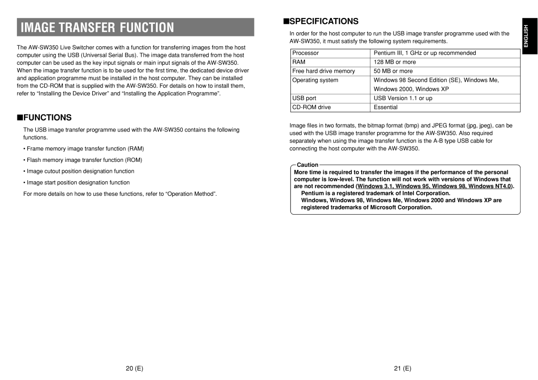 Panasonic AW-SW350E manual Image Transfer Function, Functions, Specifications, 20 E 21 E 