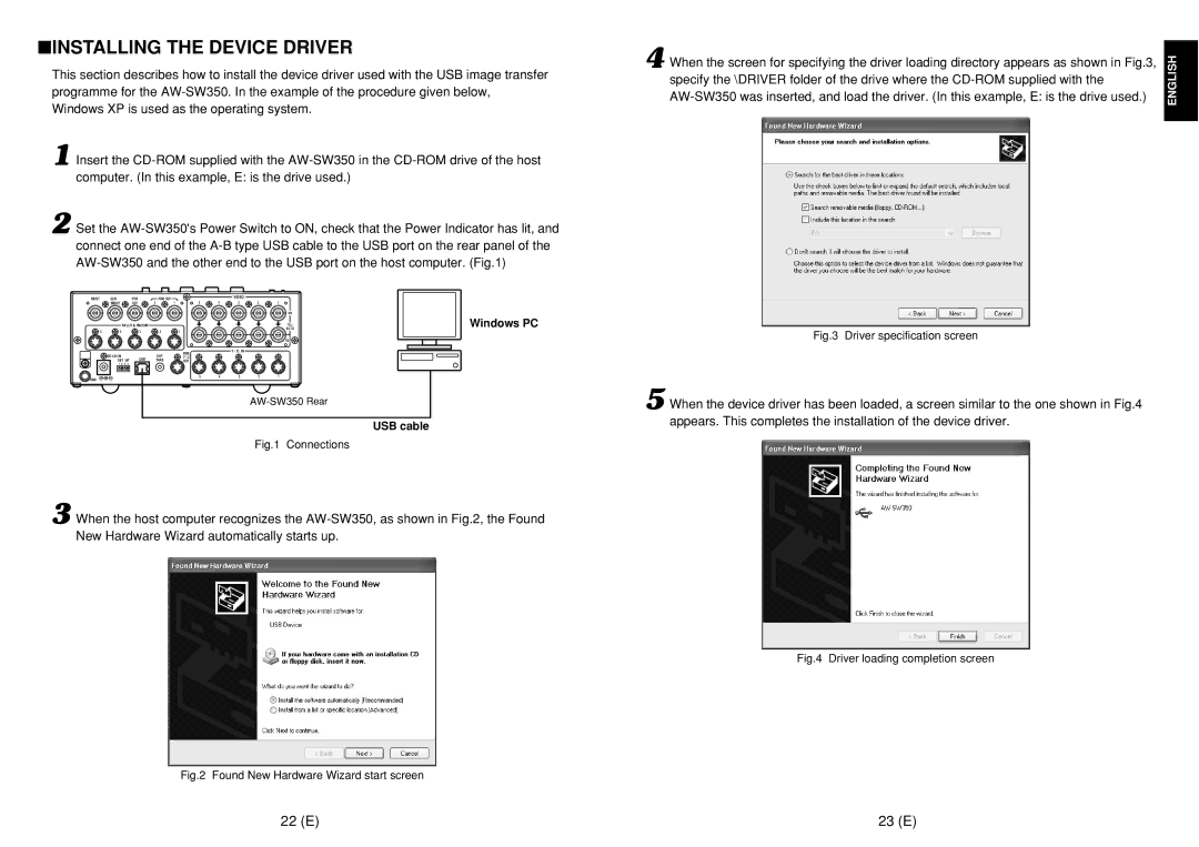 Panasonic AW-SW350E manual Installing the Device Driver, 22 E 23 E, USB cable 