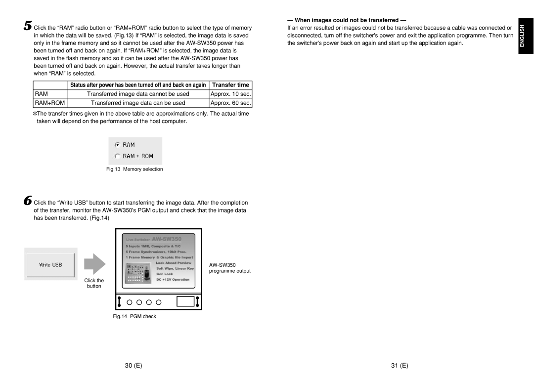 Panasonic AW-SW350E manual 30 E 31 E, Transfer time, When images could not be transferred 