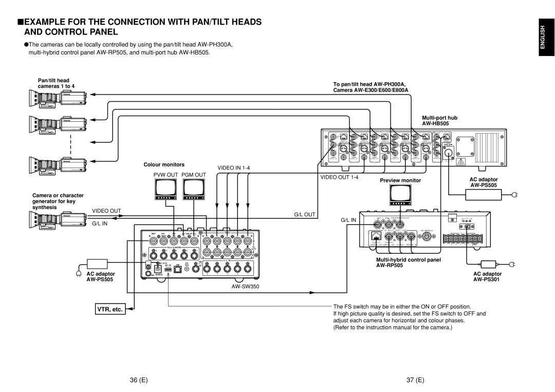 Panasonic AW-SW350E manual 36 E 37 E, To pan/tilt head AW-PH300A Camera AW-E300/E600/E800A, AW-HB505, Preview monitor 