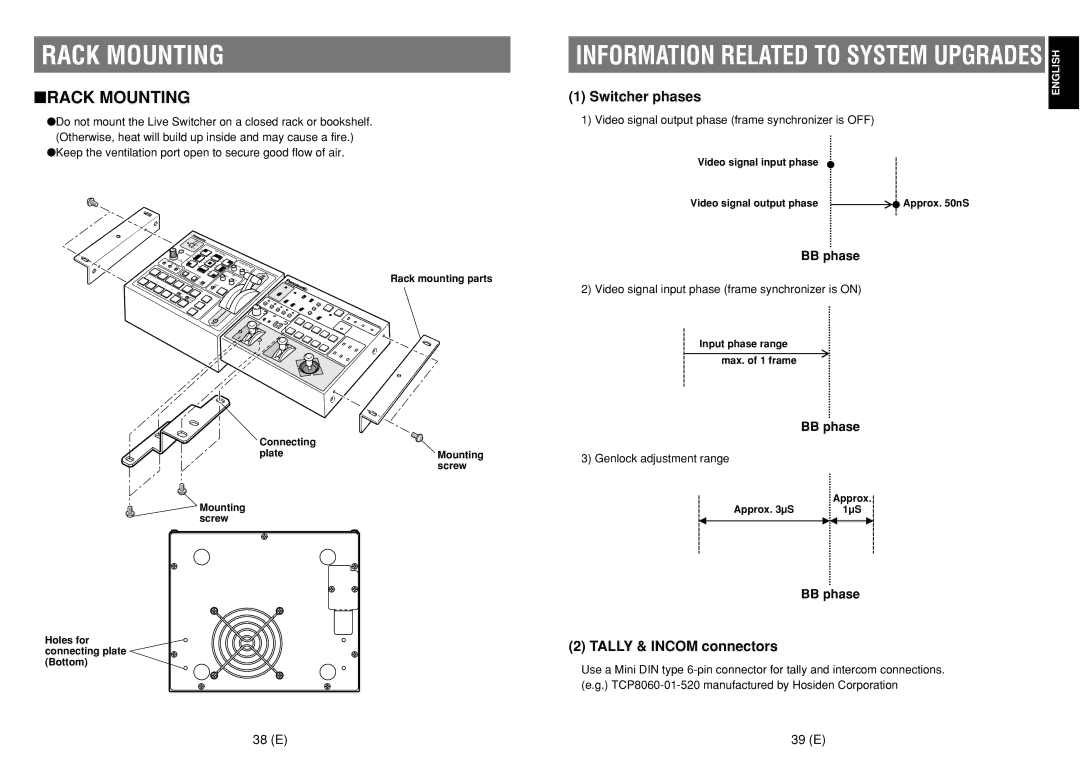 Panasonic AW-SW350E manual Rack Mounting, 38 E 39 E, Video signal output phase frame synchronizer is OFF 