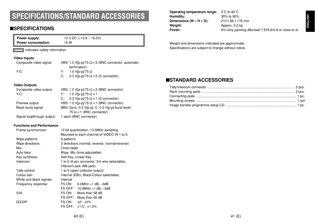 Panasonic AW-SW350E manual Standard Accessories, 40 E 41 E 