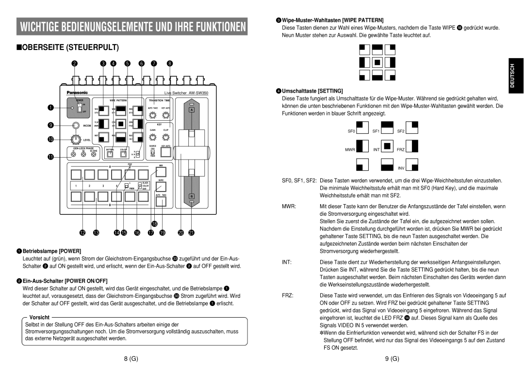 Panasonic AW-SW350E manual Oberseite Steuerpult 