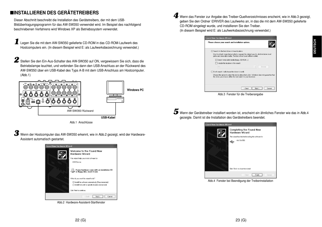 Panasonic AW-SW350E manual Installieren DES Gerätetreibers, 22 G 23 G 