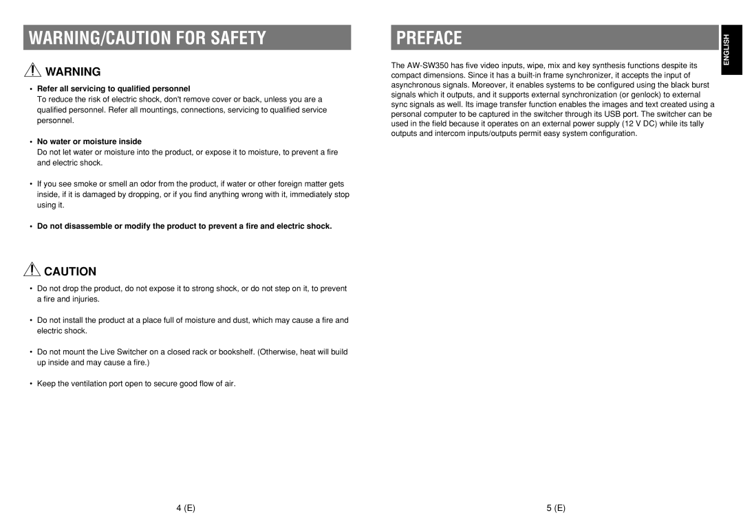 Panasonic AW-SW350E manual Preface, Refer all servicing to qualified personnel, No water or moisture inside 