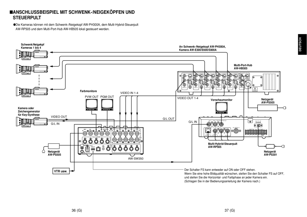 Panasonic AW-SW350E manual Anschlussbeispiel MIT SCHWENK-/NEIGEKÖPFEN UND Steuerpult, 36 G 37 G 