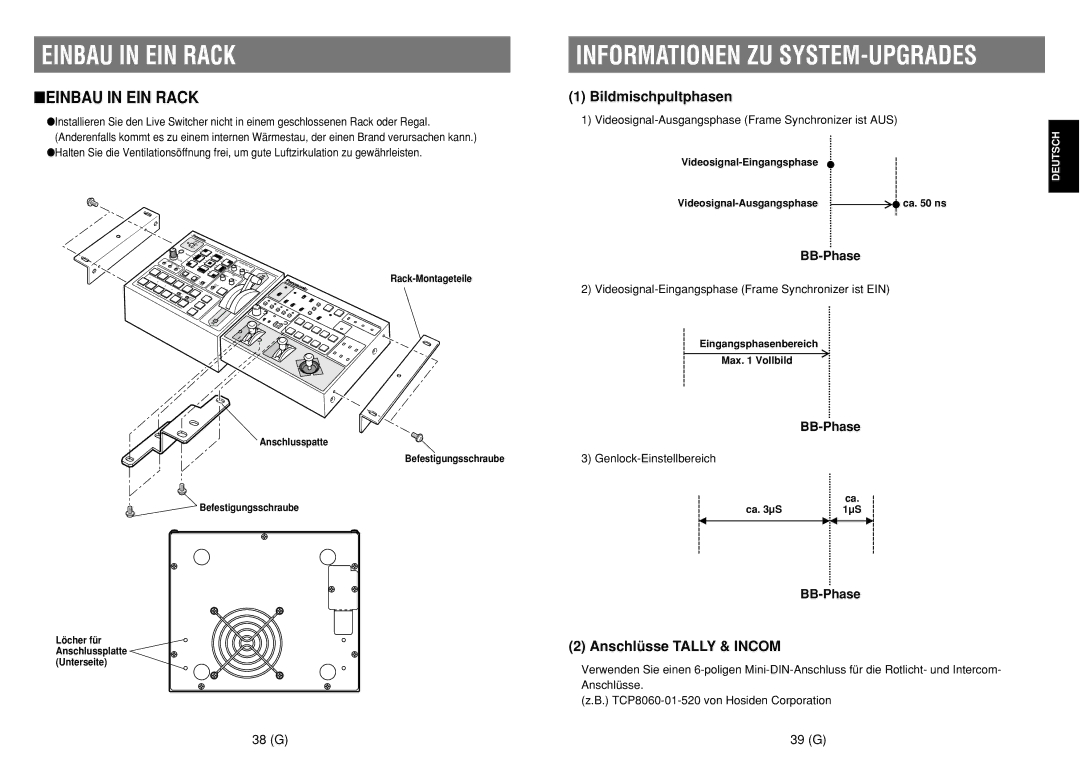 Panasonic AW-SW350E manual Einbau in EIN Rack, Informationen ZU SYSTEM-UPGRADES, 38 G 39 G 