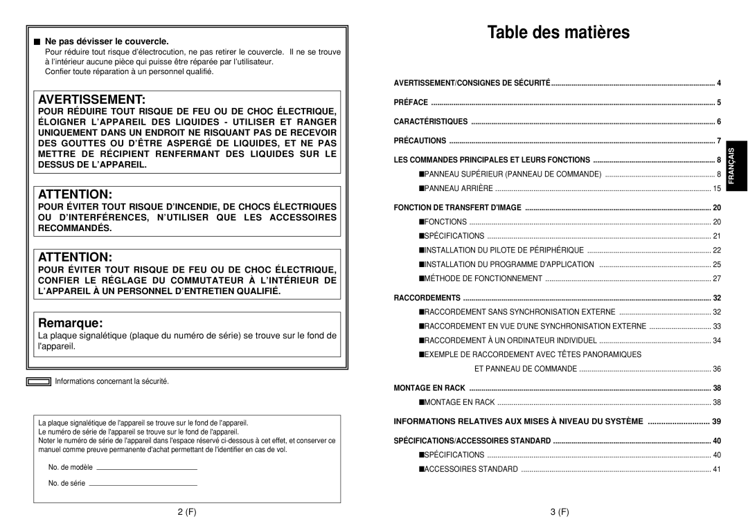 Panasonic AW-SW350E manual Table des matières 