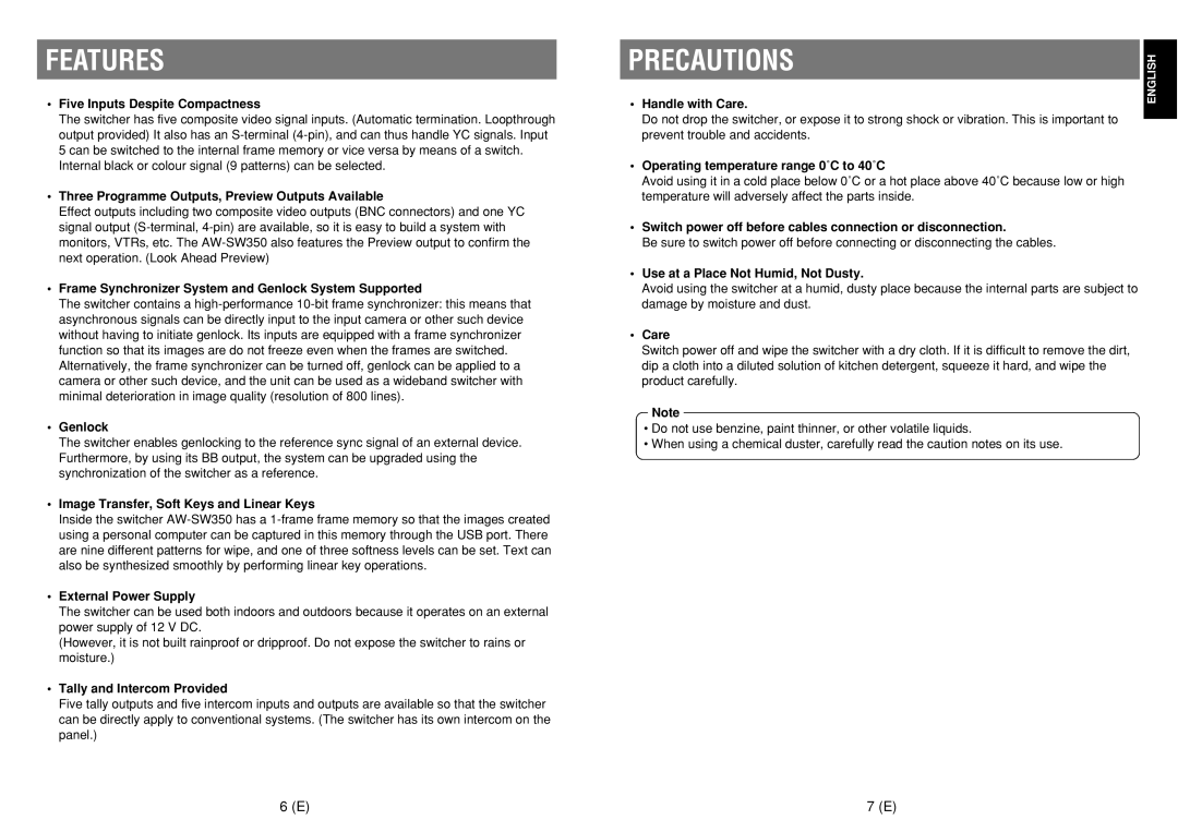 Panasonic AW-SW350E manual Features, Precautions 