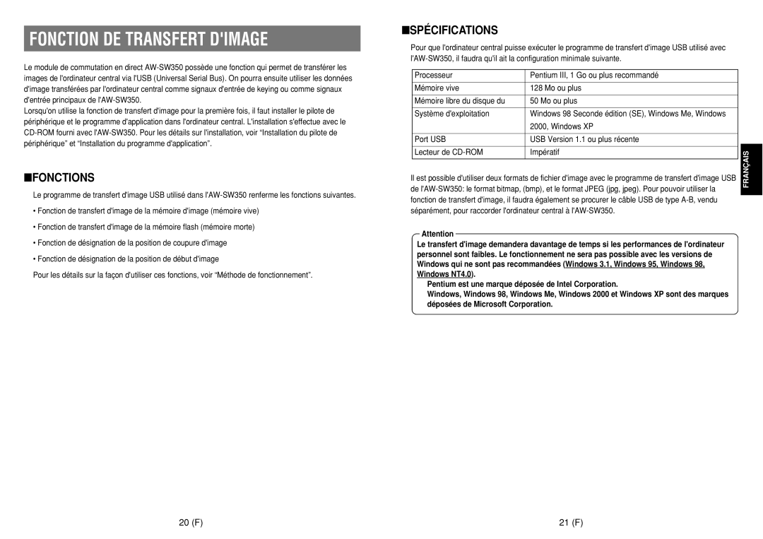 Panasonic AW-SW350E manual Fonction DE Transfert Dimage, Fonctions, Spécifications, 20 F 21 F 