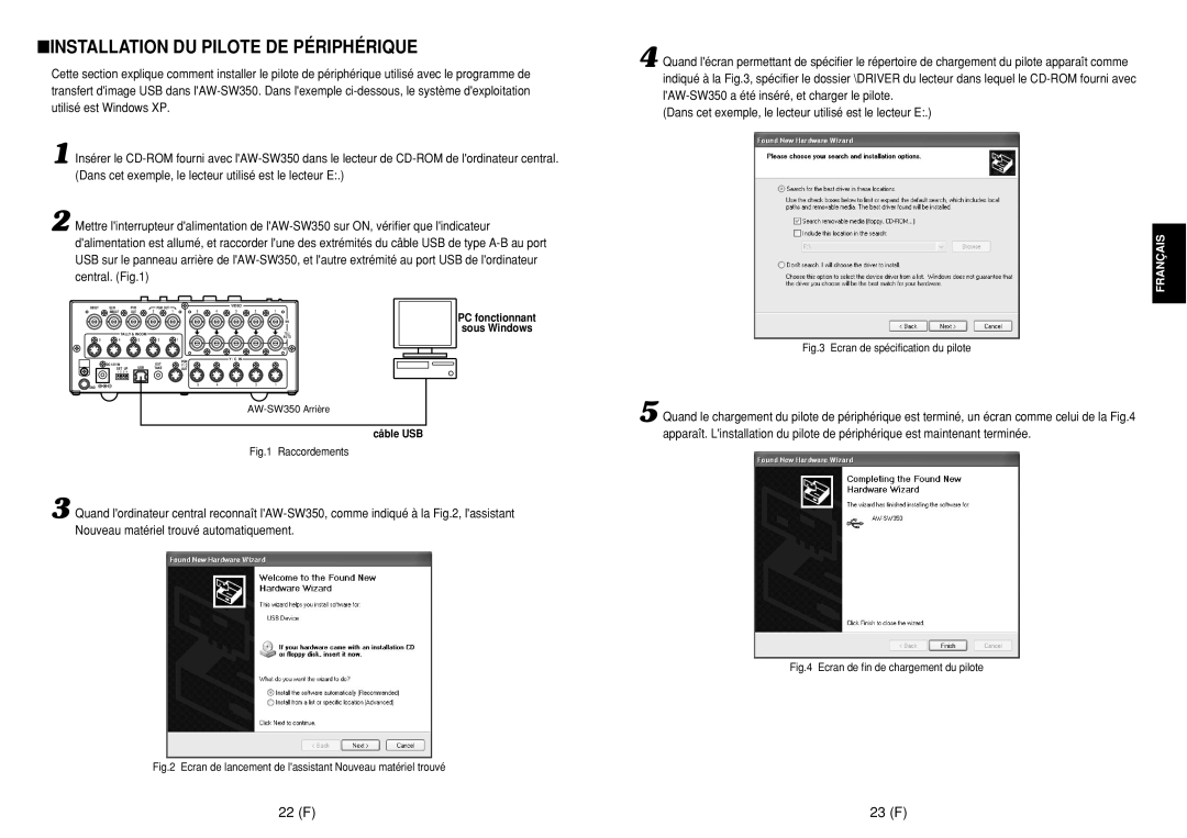 Panasonic AW-SW350E manual Installation DU Pilote DE Périphérique, 22 F 23 F 