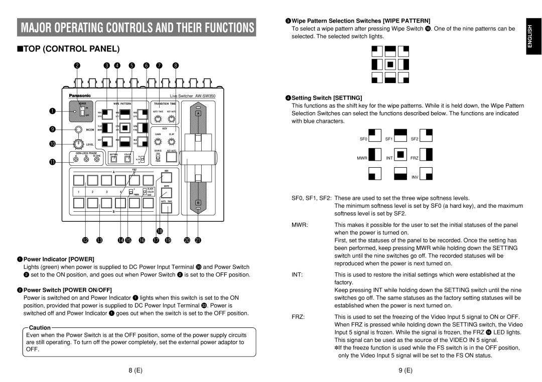 Panasonic AW-SW350E manual TOP Control Panel, EWipe Pattern Selection Switches Wipe Pattern, RSetting Switch Setting 