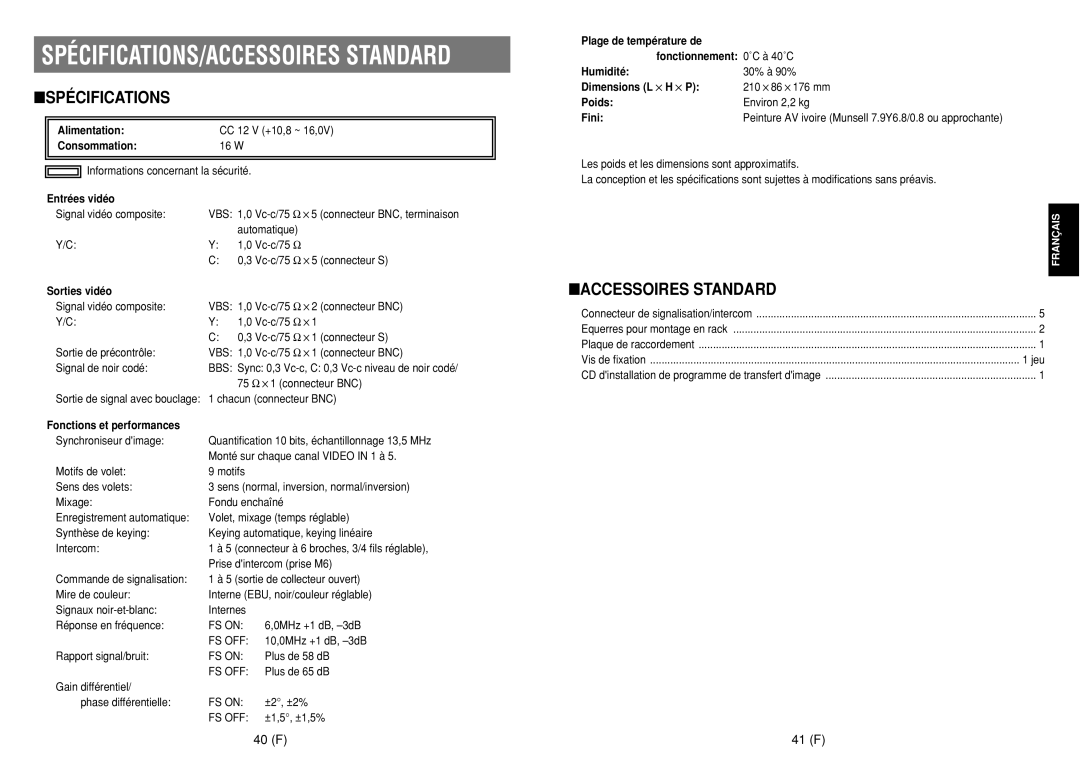 Panasonic AW-SW350E manual SPÉCIFICATIONS/ACCESSOIRES Standard, Accessoires Standard, 40 F 41 F 