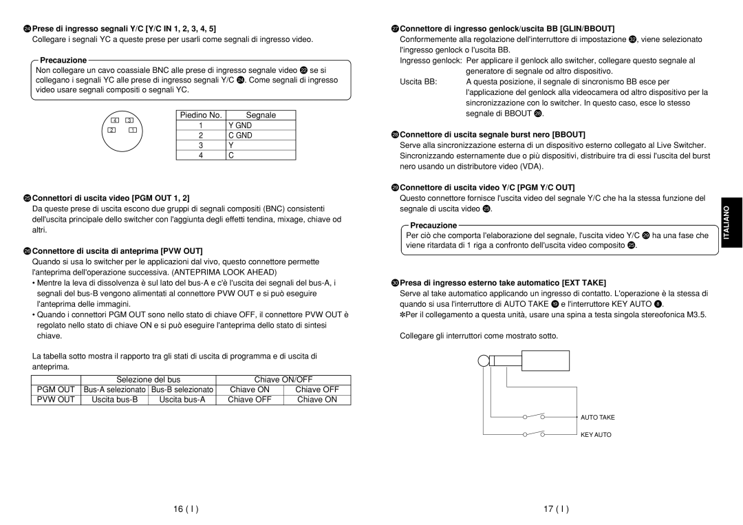 Panasonic AW-SW350E manual Prese di ingresso segnali Y/C Y/C in 1, 2, 3, 4, AConnettori di uscita video PGM OUT 1 