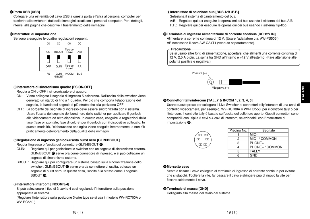 Panasonic AW-SW350E manual JPorta USB USB, KInterruttori di impostazione, QInterruttore di sincronismo quadro FS ON/OFF 