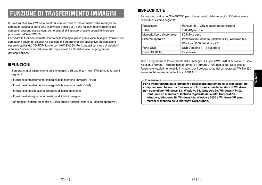 Panasonic AW-SW350E manual Funzioni, Specifiche 