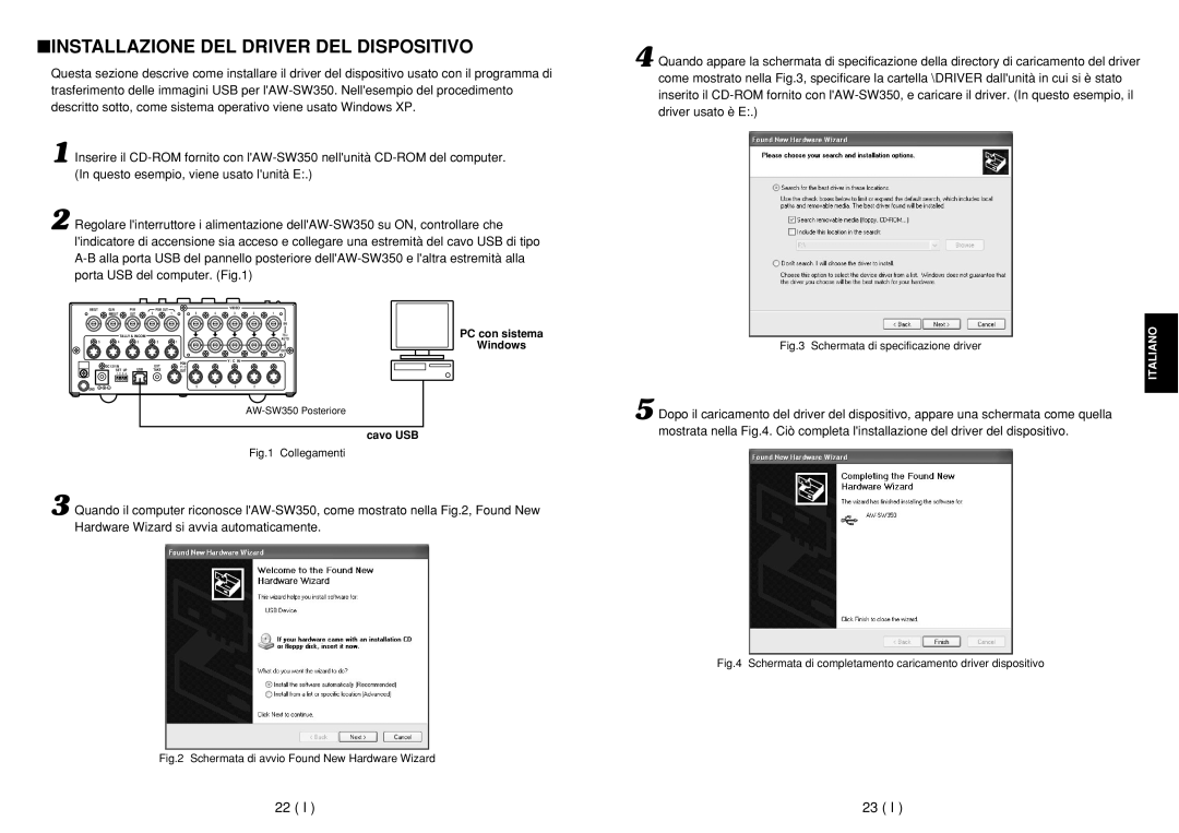 Panasonic AW-SW350E manual Installazione DEL Driver DEL Dispositivo, Cavo USB 