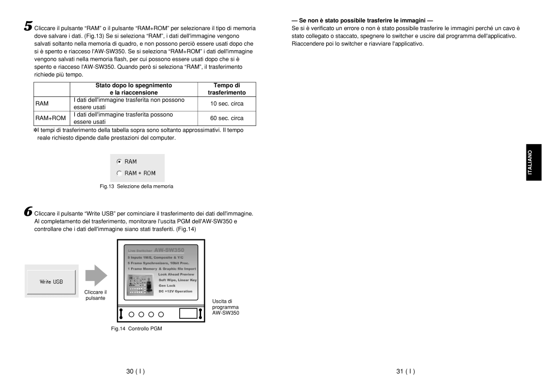 Panasonic AW-SW350E manual Se non è stato possibile trasferire le immagini, Selezione della memoria 