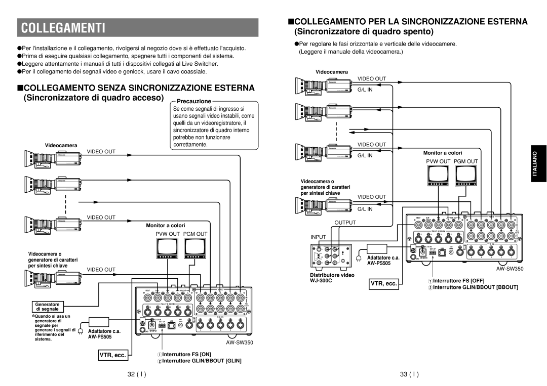 Panasonic AW-SW350E manual Collegamenti, Collegamento Senza Sincronizzazione Esterna, VTR, ecc 