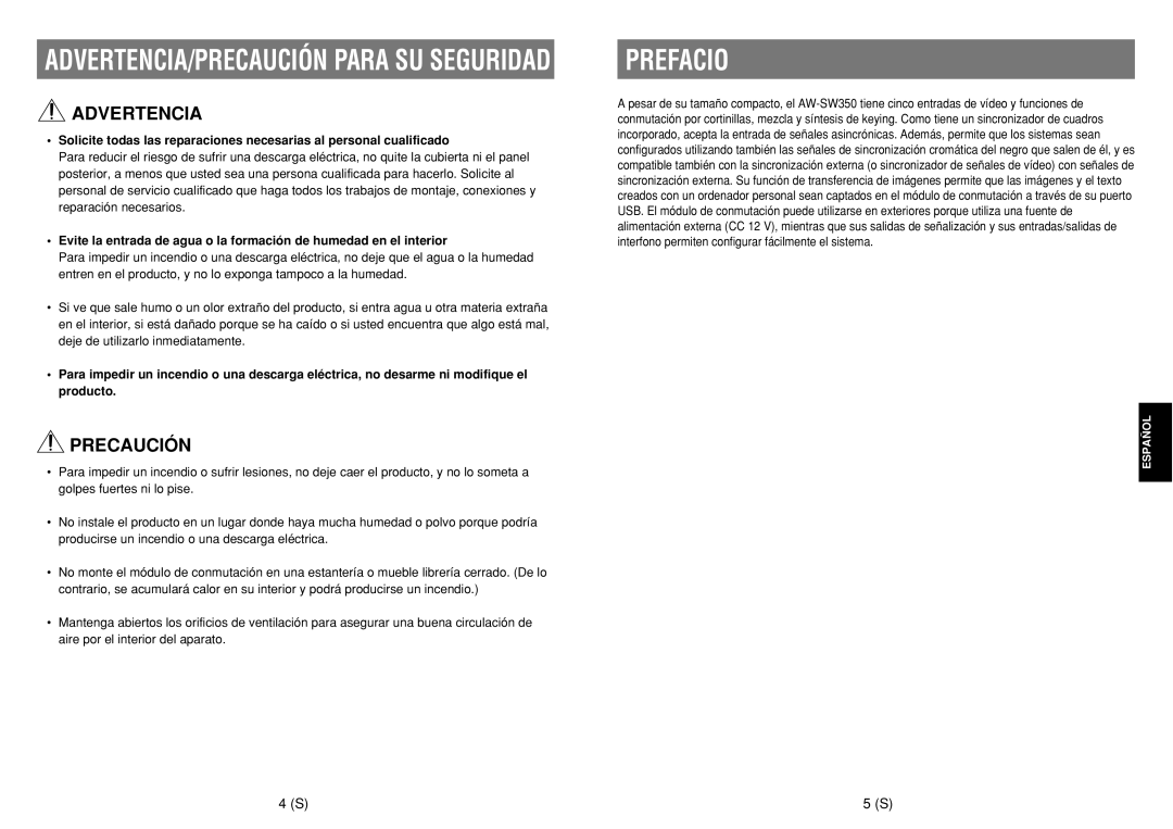 Panasonic AW-SW350E manual Prefacio, Advertencia, Precaución 