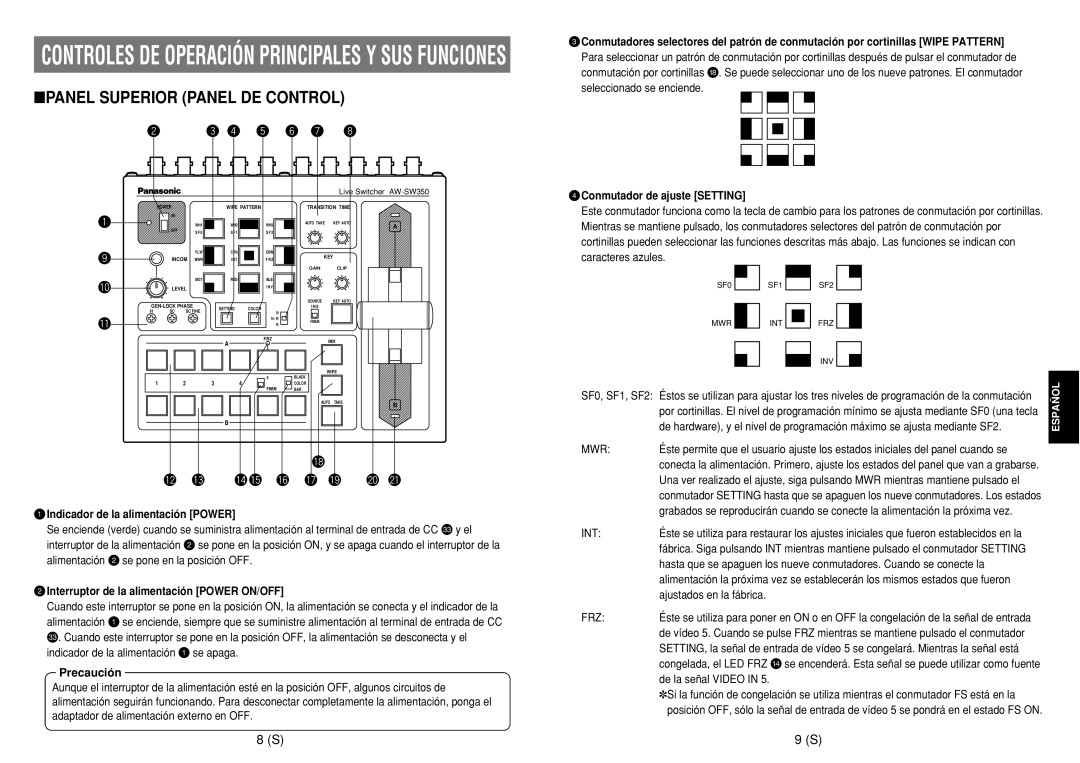 Panasonic AW-SW350E manual Panel Superior Panel DE Control, Precaución, RConmutador de ajuste Setting 