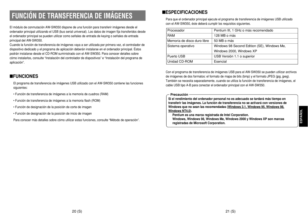 Panasonic AW-SW350E manual Función DE Transferencia DE Imágenes, Funciones, Especificaciones, 20 S 21 S 