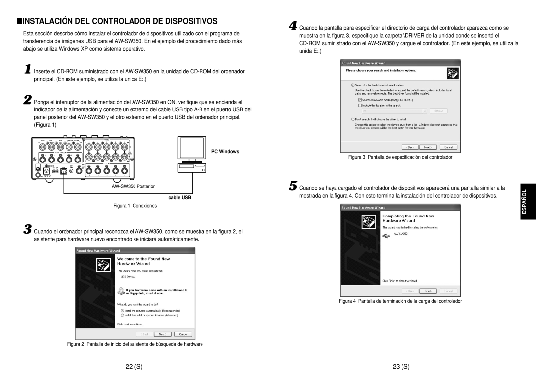 Panasonic AW-SW350E manual Instalación DEL Controlador DE Dispositivos, 22 S 23 S 