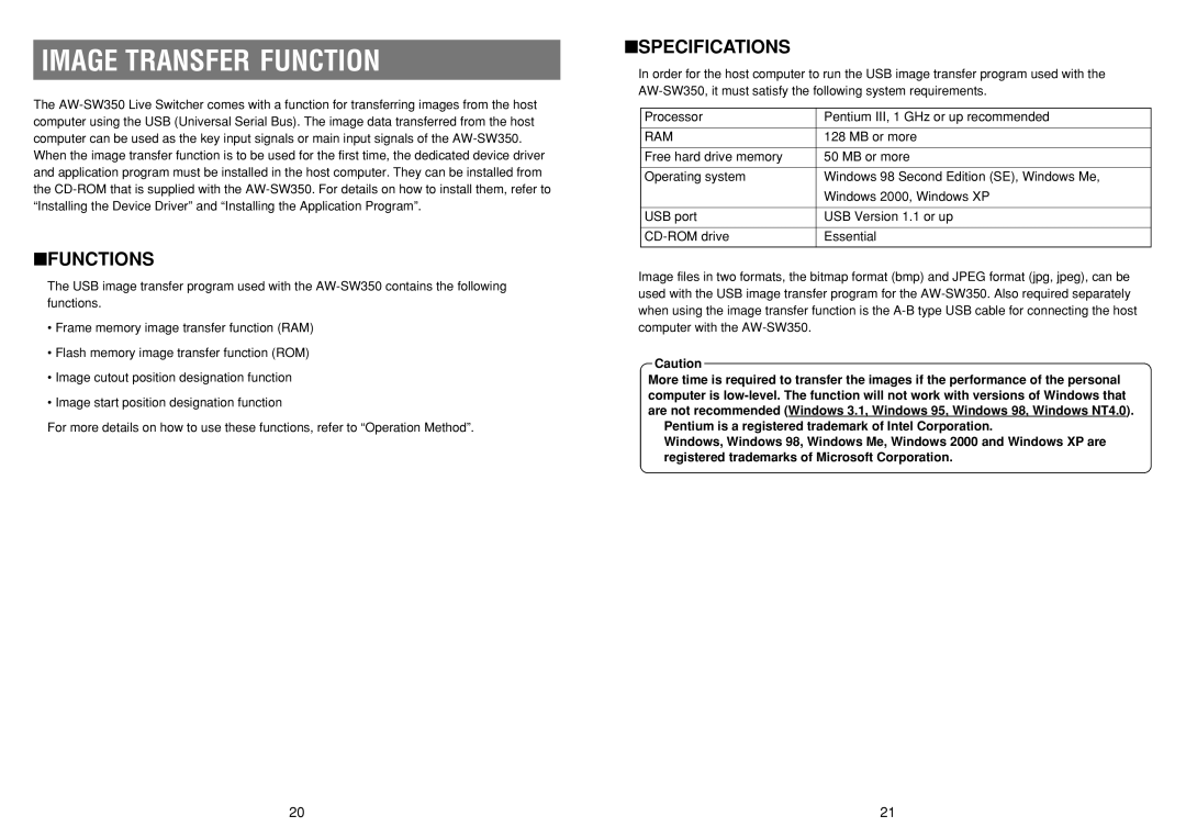 Panasonic AW-SW350P manual Image Transfer Function, Functions, Specifications, Ram 