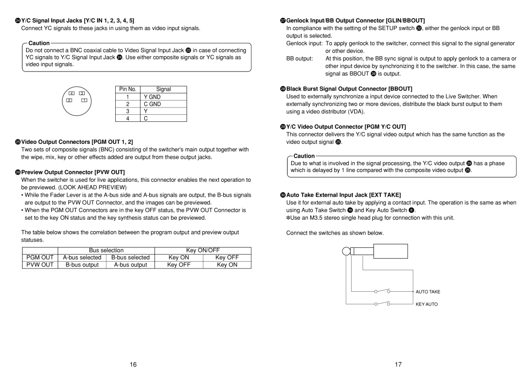 Panasonic AW-SW350P manual Signal Input Jacks Y/C in 1, 2, 3, 4, AVideo Output Connectors PGM OUT 1 