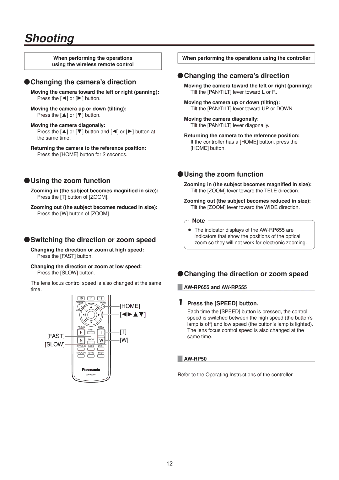 Panasonic AWHE50HN manual Shooting, QqChanging the camera’s direction, QqUsing the zoom function 