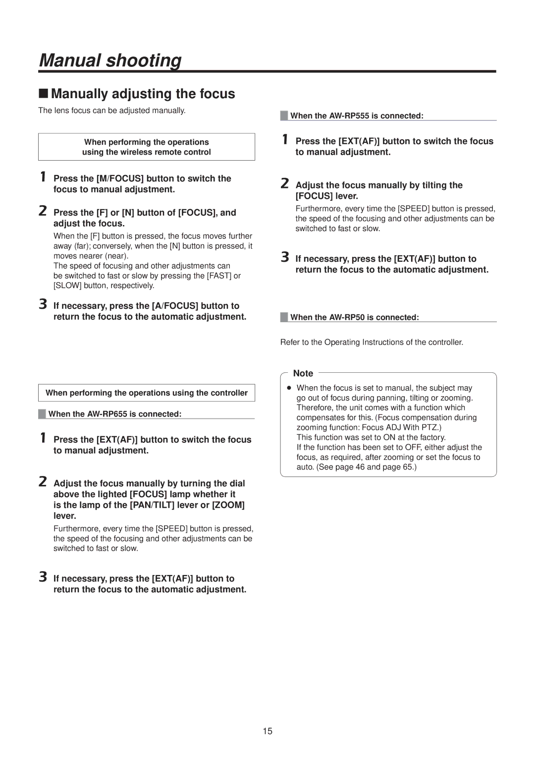 Panasonic AWHE50HN manual Manual shooting, WwManually adjusting the focus 