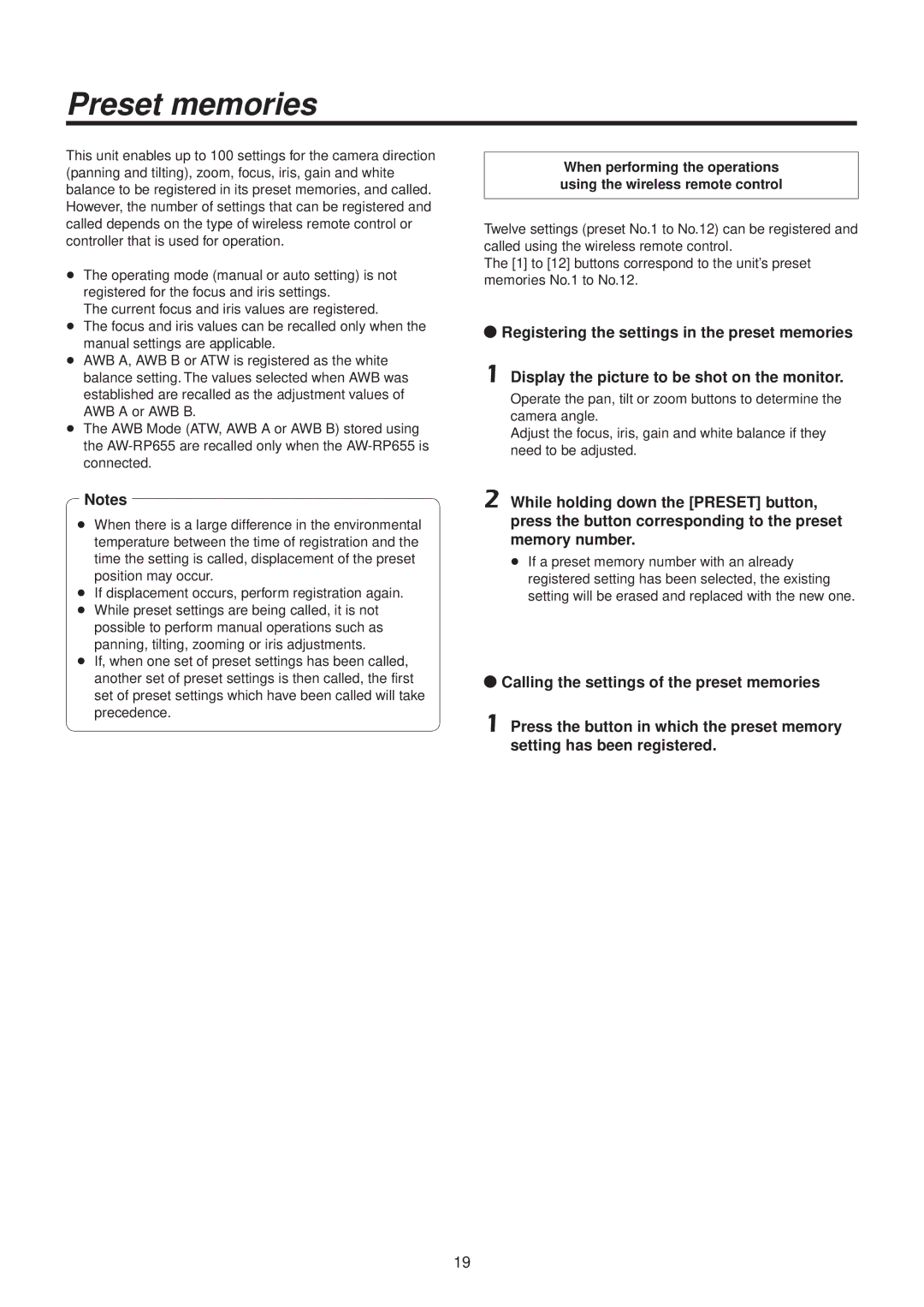 Panasonic AWHE50HN manual Preset memories, Position may occur 