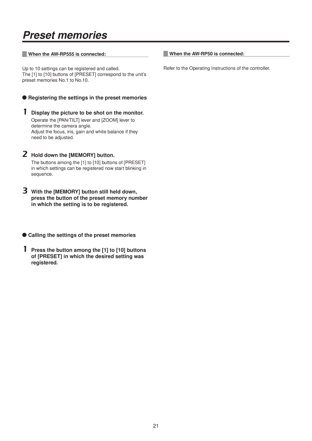 Panasonic AWHE50HN manual When the AW‑RP555 is connected 