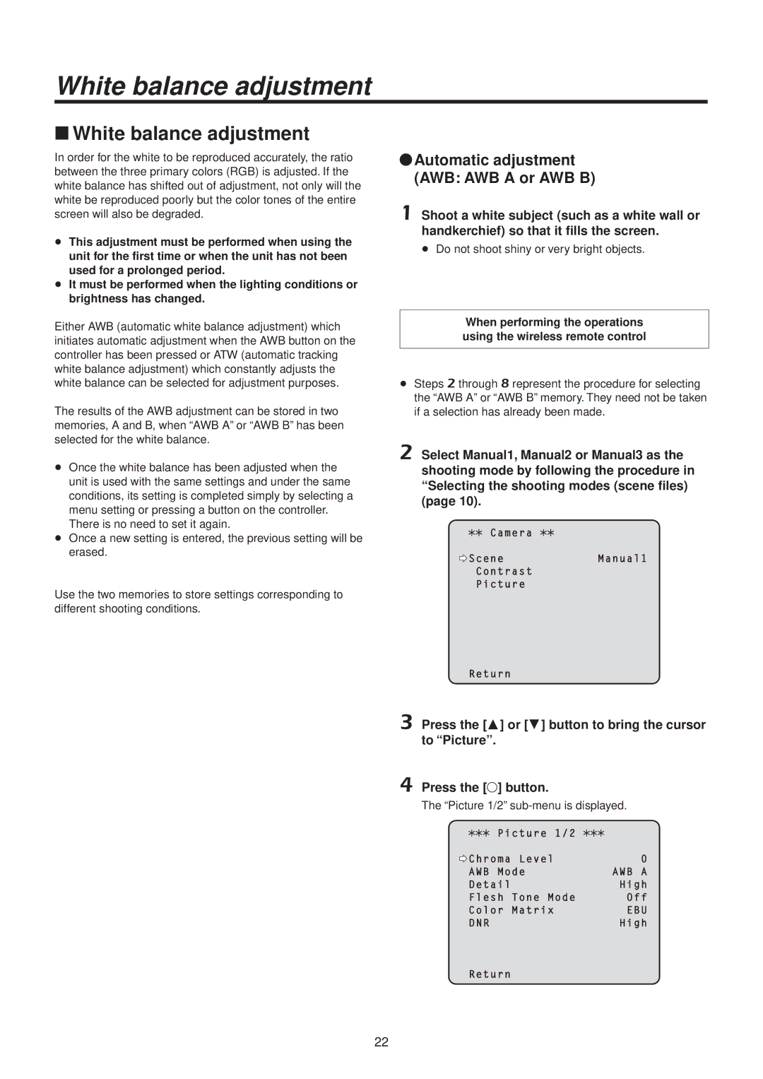 Panasonic AWHE50HN manual WwWhite balance adjustment, QqAutomatic adjustment AWB AWB A or AWB B 