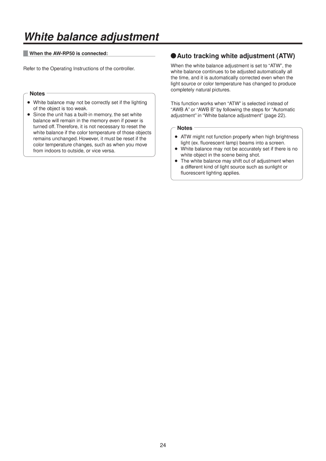 Panasonic AWHE50HN manual QqAuto tracking white adjustment ATW, When the AW‑RP50 is connected 