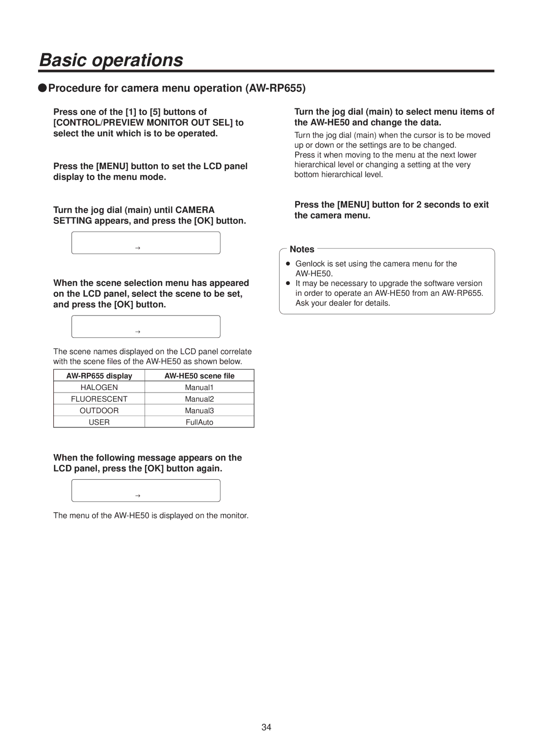 Panasonic AWHE50HN manual QqProcedure for camera menu operation AW‑RP655 