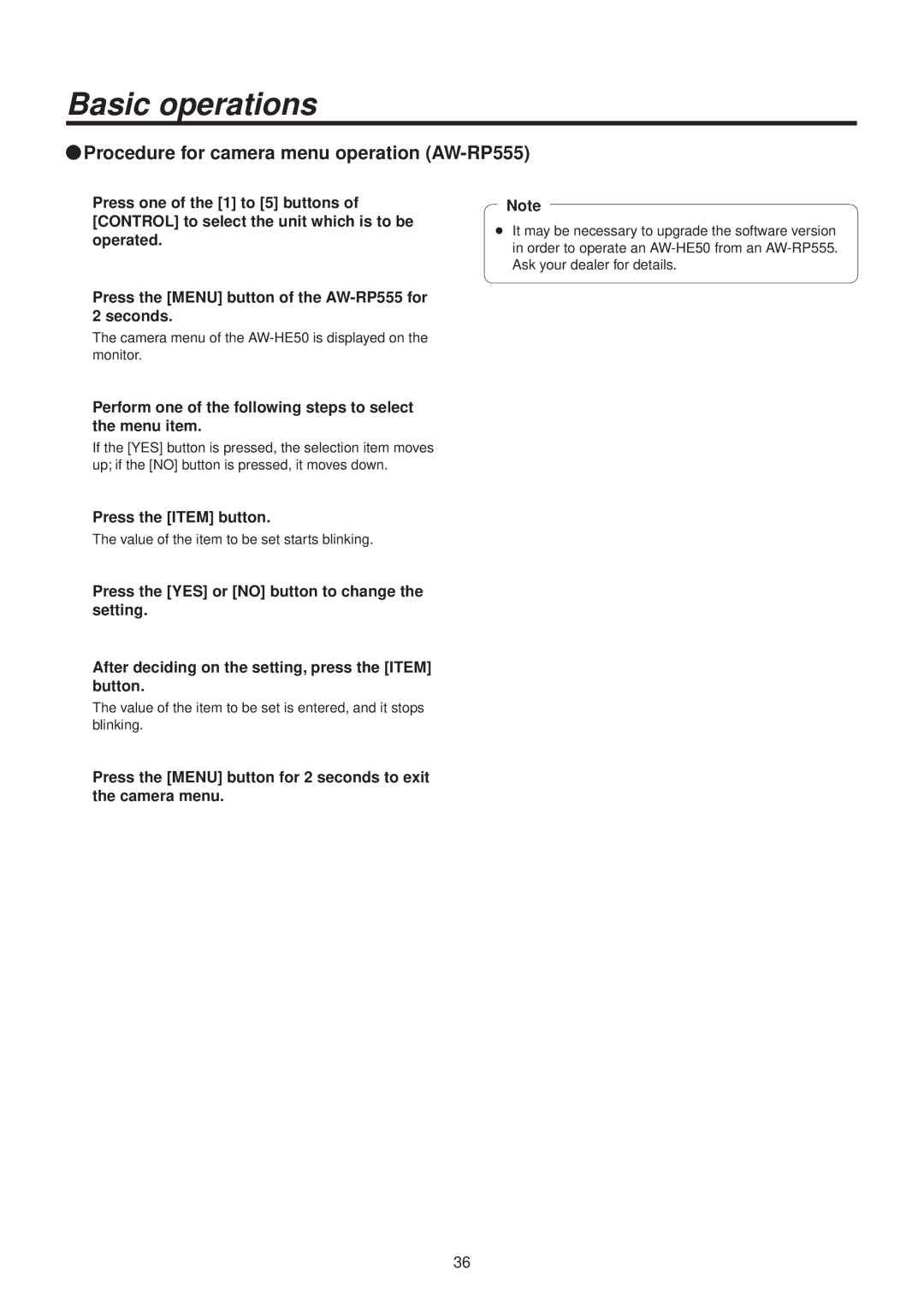 Panasonic AWHE50HN QqProcedure for camera menu operation AW‑RP555, Press the Menu button of the AW‑RP555 for 2 seconds 