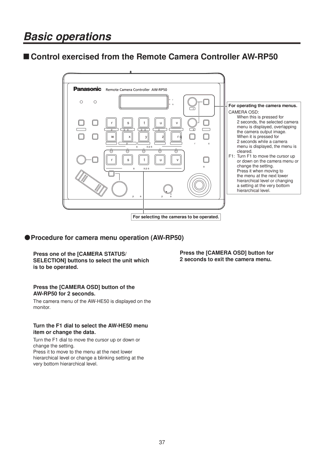 Panasonic AWHE50HN manual QqProcedure for camera menu operation AW‑RP50, Camera OSD 