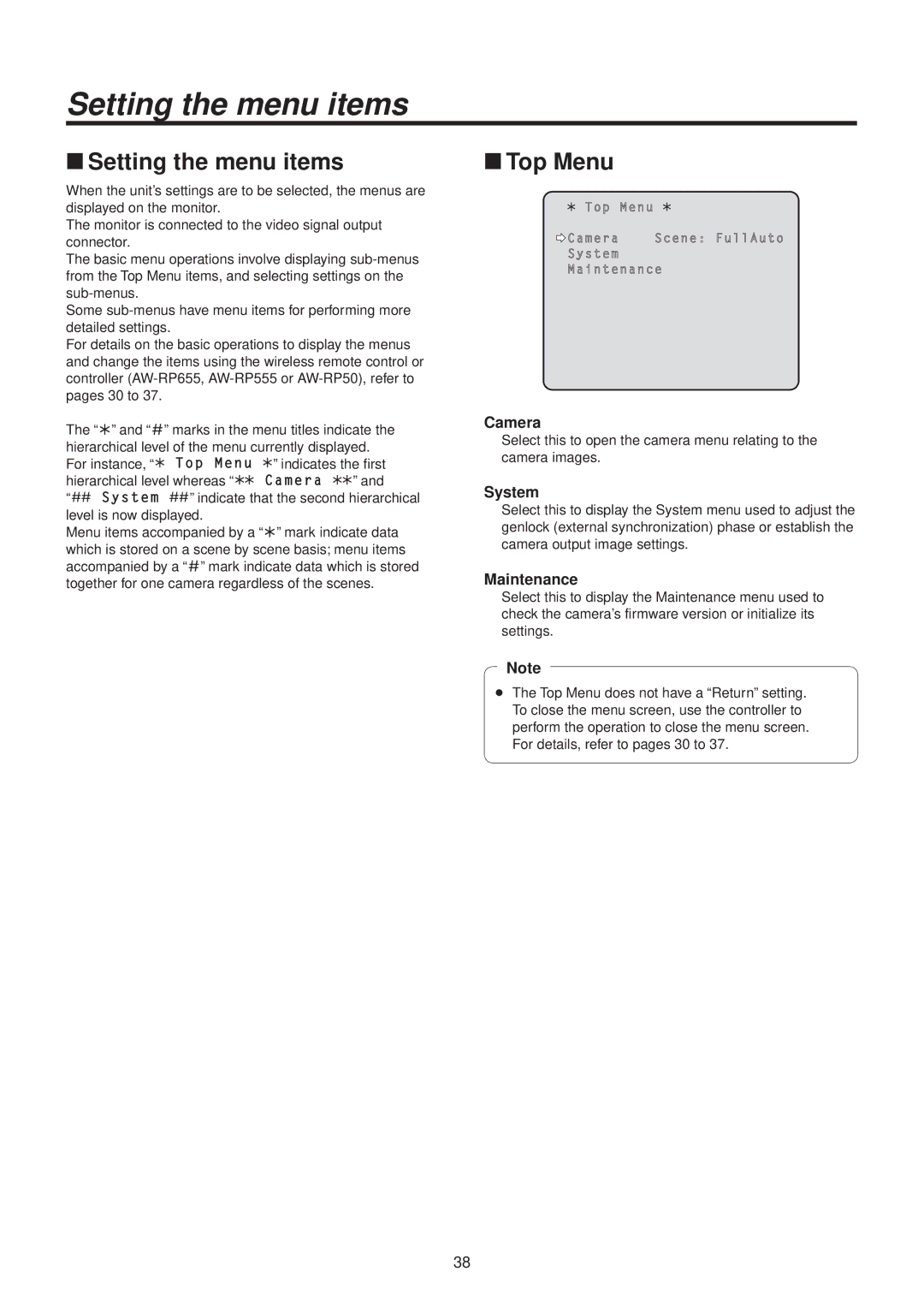 Panasonic AWHE50HN manual WwSetting the menu items, WwTop Menu 