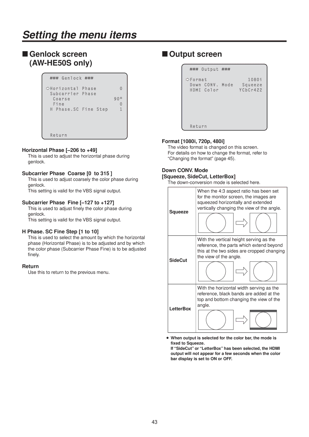 Panasonic AWHE50HN manual WwGenlock screen AW‑HE50S only, WwOutput screen 