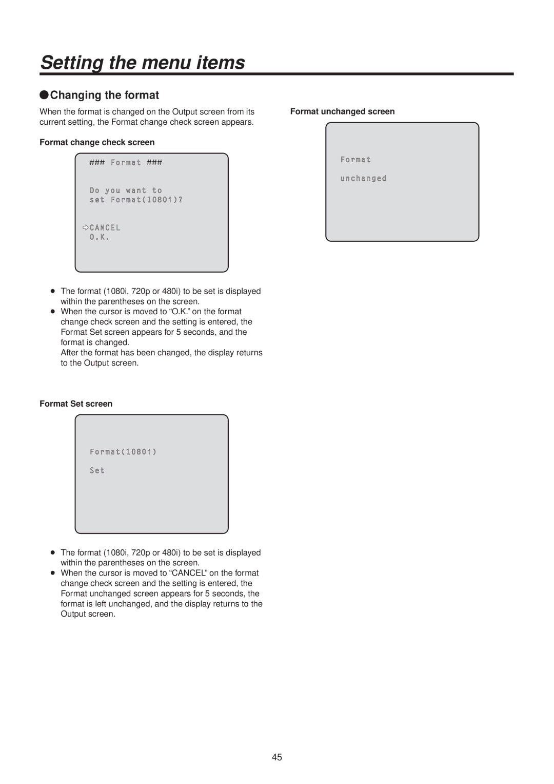 Panasonic AWHE50HN manual QqChanging the format, Format change check screen, Format Set screen, Format unchanged screen 