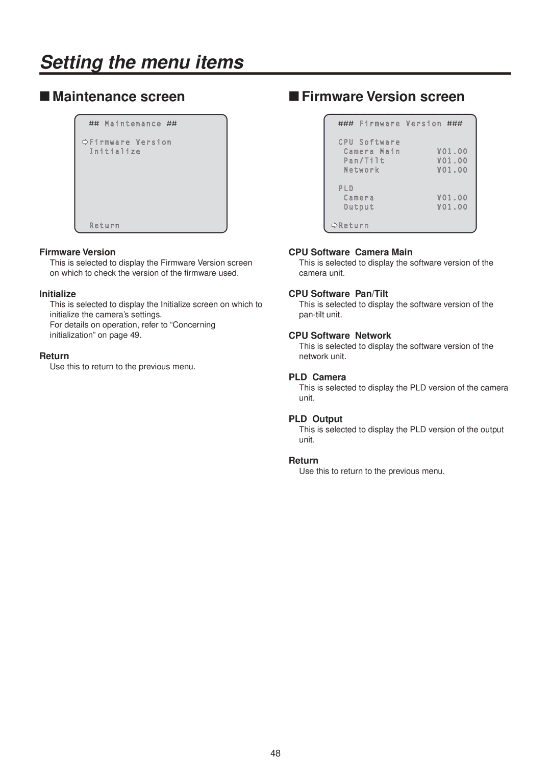 Panasonic AWHE50HN manual WwMaintenance screen, WwFirmware Version screen 